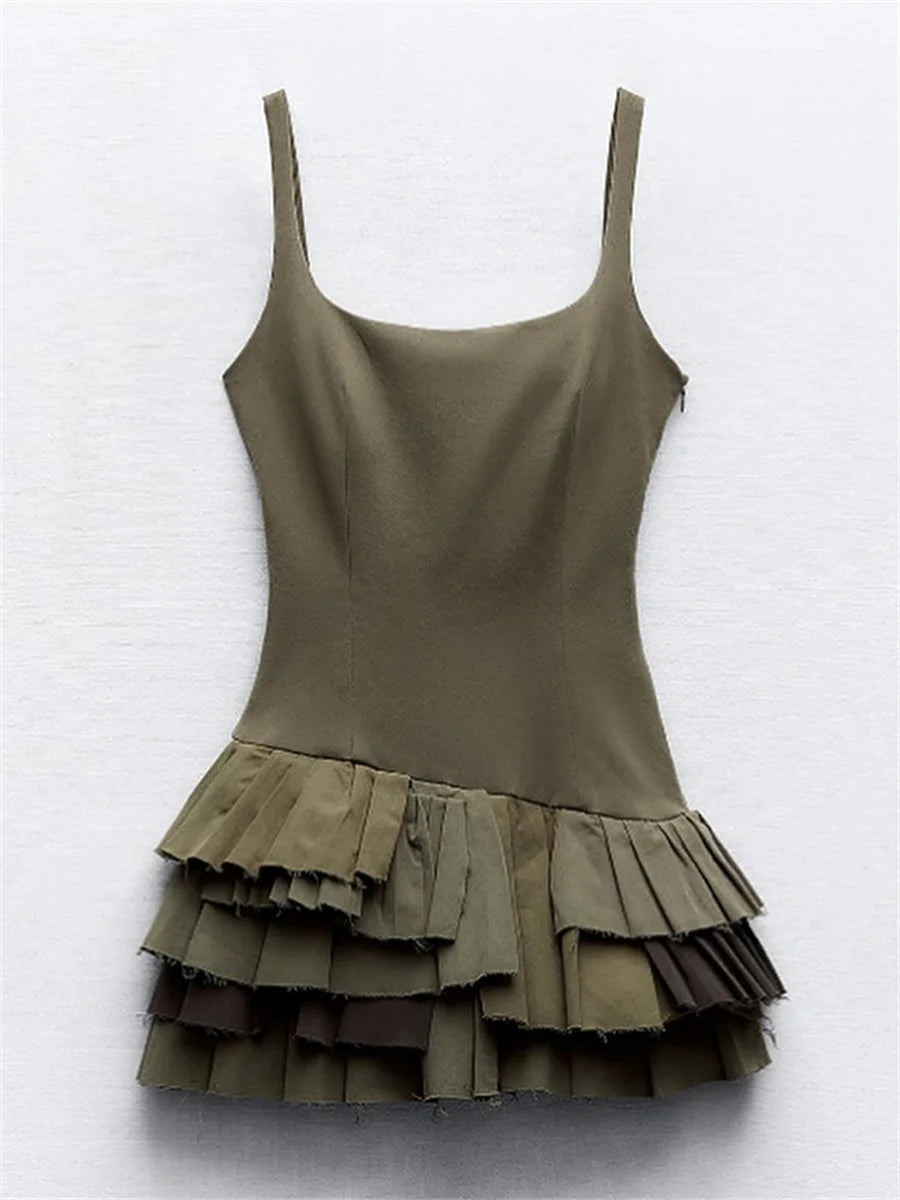 Aiertu Women's Chic Army Green Sexy Suspender Mini Dress Irregular Sleeveless Pleated Bodycon Vestidos Female 2024 New High Streetwear Aiertu