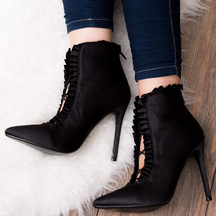 Black Satin Pointy Toe Stiletto Heels Ankle Boots Dress Shoes |FSJ Shoes