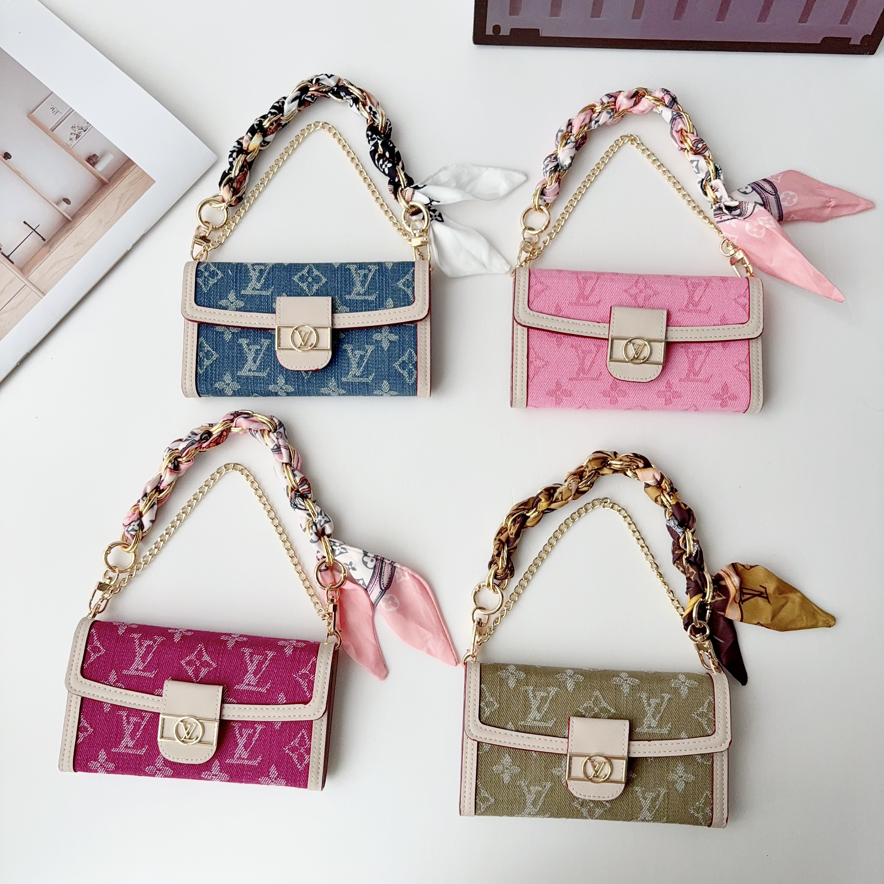 Louis Vuitton Denim Monogram Chain Wallet iPhone Samsung Case | Luxury Silk Scarf Crossbody Phone Purse