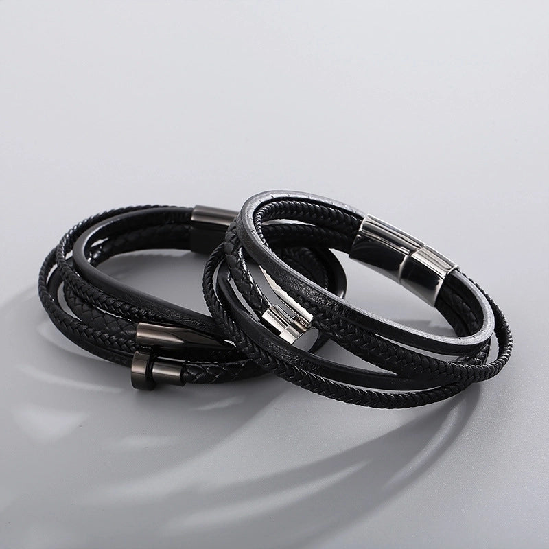 Vintage Style Geometric Color Block Stainless Steel Leather Plating 18K Gold Plated Men's Bracelets