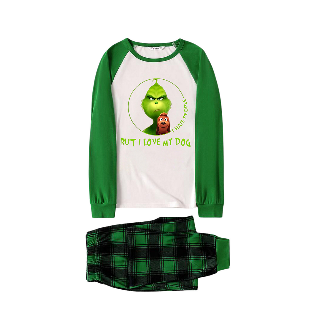 Cartoon Pattern and "I Hate People, But I Love My Dog" Printed Green Plaid Long Sleeve Christmas Family Pajamas