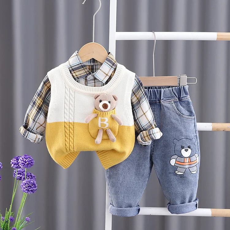 3pcs Baby Boy/Girl Bear Splicing Vest & Plaid T-shirt & Denim Pants Set