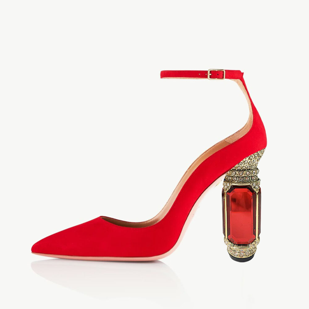 Red Satin Pointy Toe 4'' Decorative Heel Ankle Strap Pumps  Nicepairs