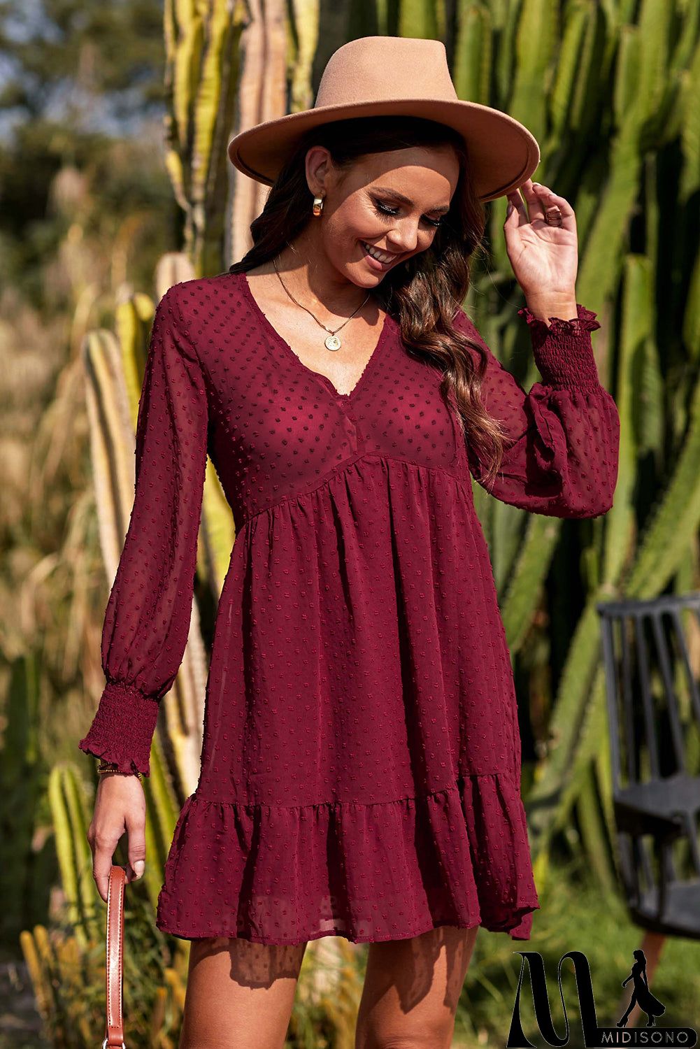 MidiSono - V-Neck Dotted Burgundy Empire Dress