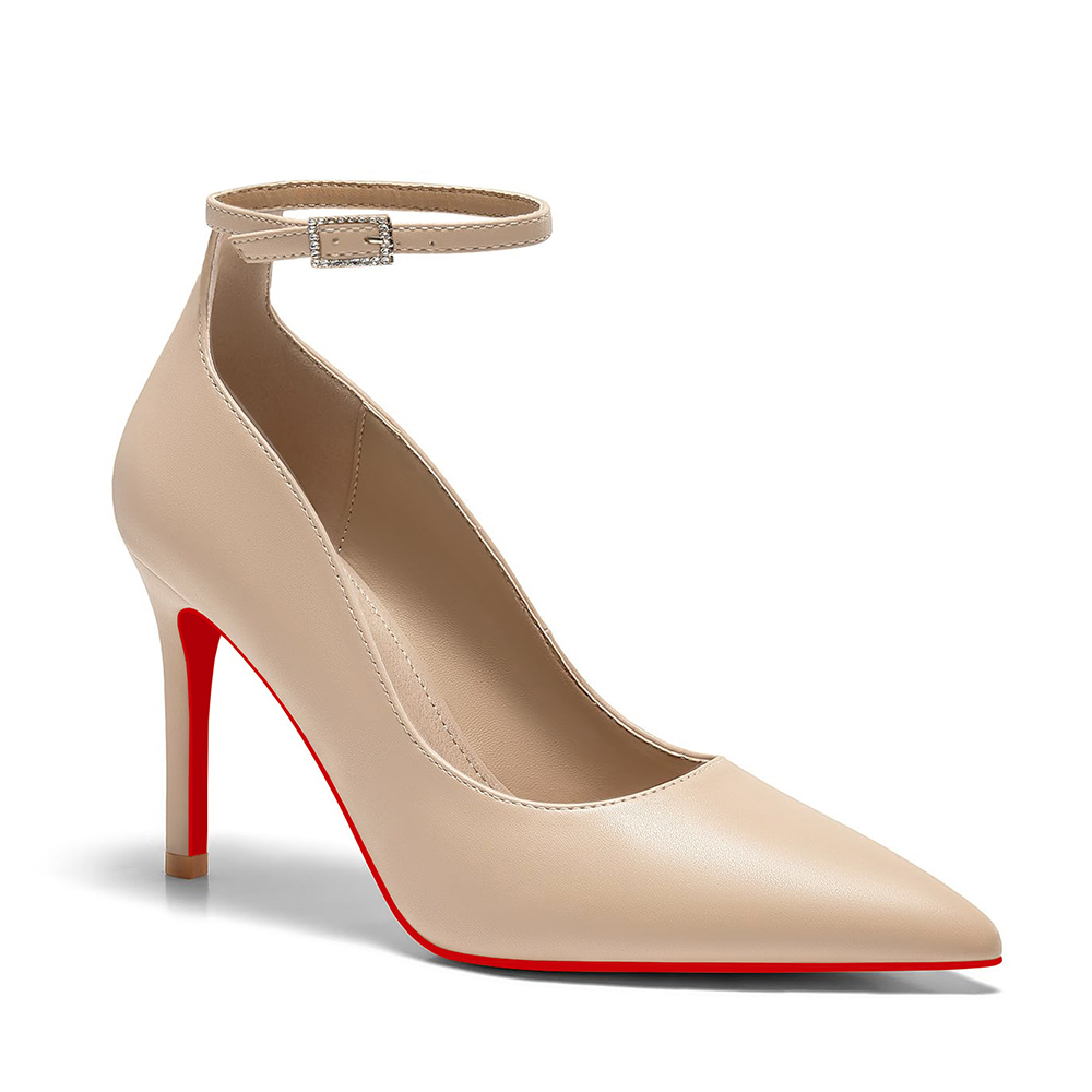 100mm Women's Stiletto Heels Classic Pointed Toe Red Bottom Pumps Matte Shoes Ankle Strap Pumps-MERUMOTE