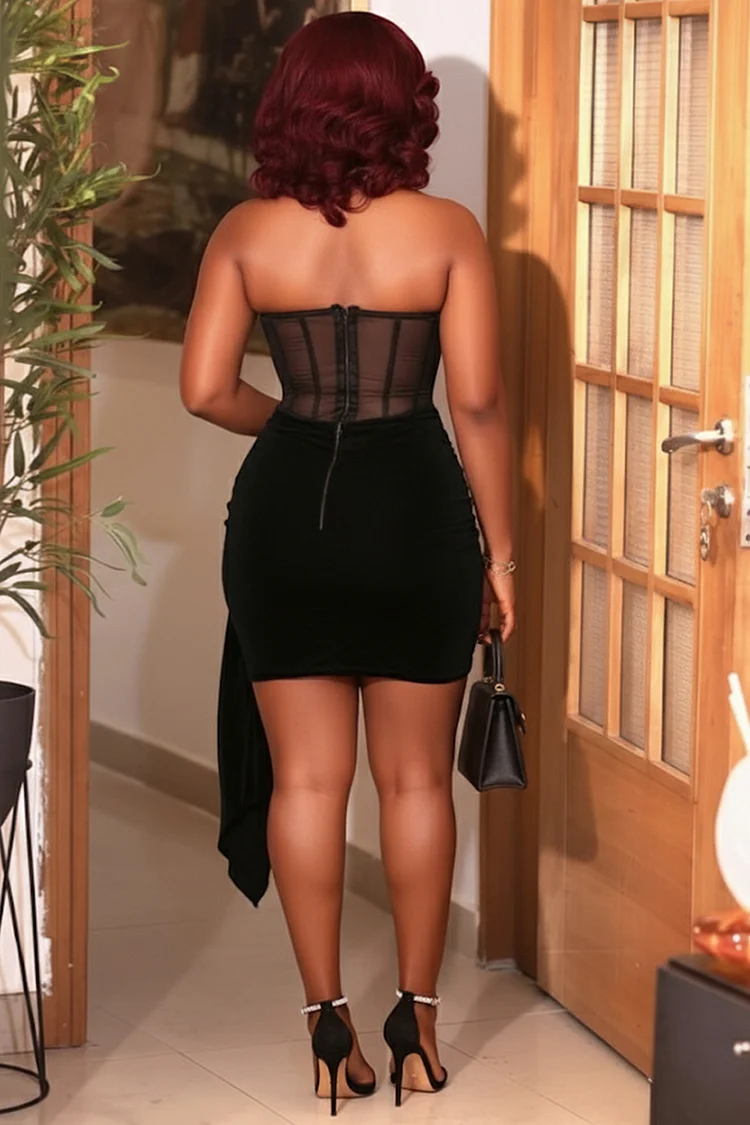 Strapless Mesh Velvet Patchwork Sash Party Mini Dresses-Black [Pre Order]