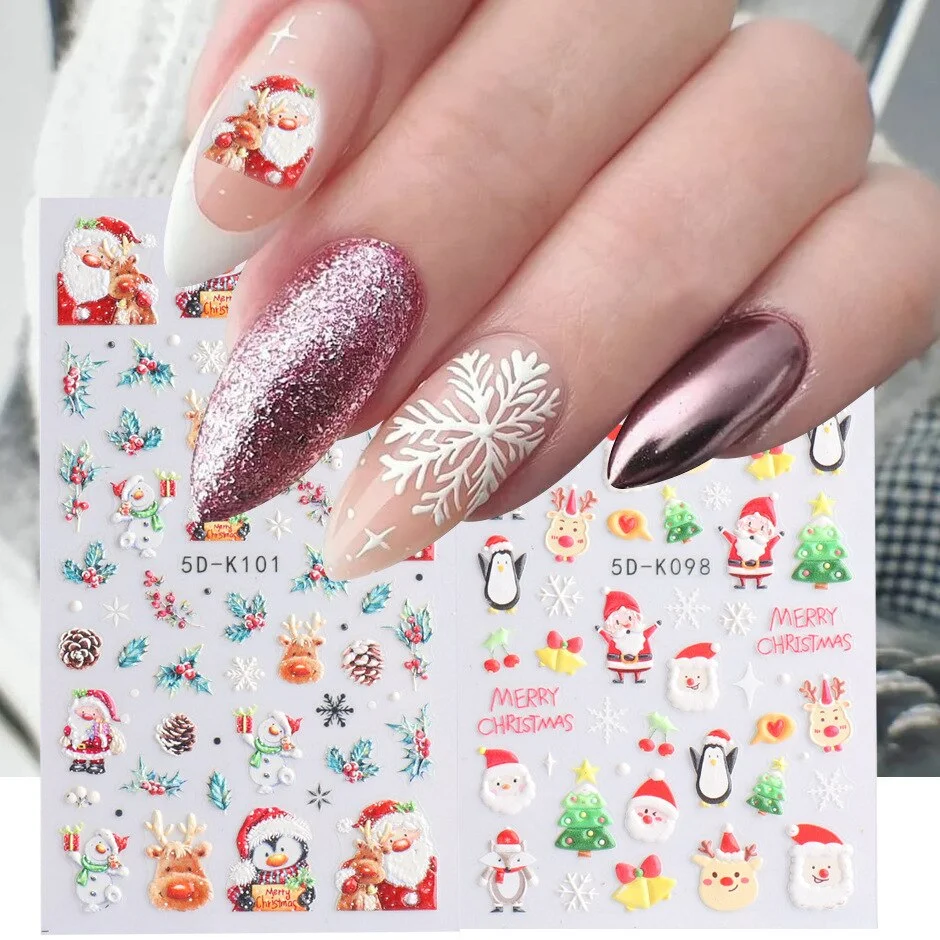 Nail Stickers Embossed 5D Color Christmas Snowflake Snowman Bird Gift Decals Decoration Tips For Beauty Salons-Nail Inspo