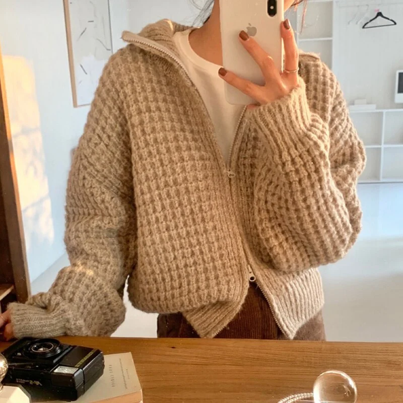 Syiwidii Turtleneck Woman Sweaters Autumn Winter 2021 New Cardigan Turn-down Collar Zipper Long Sleeve Casual Knitted Loose Coat