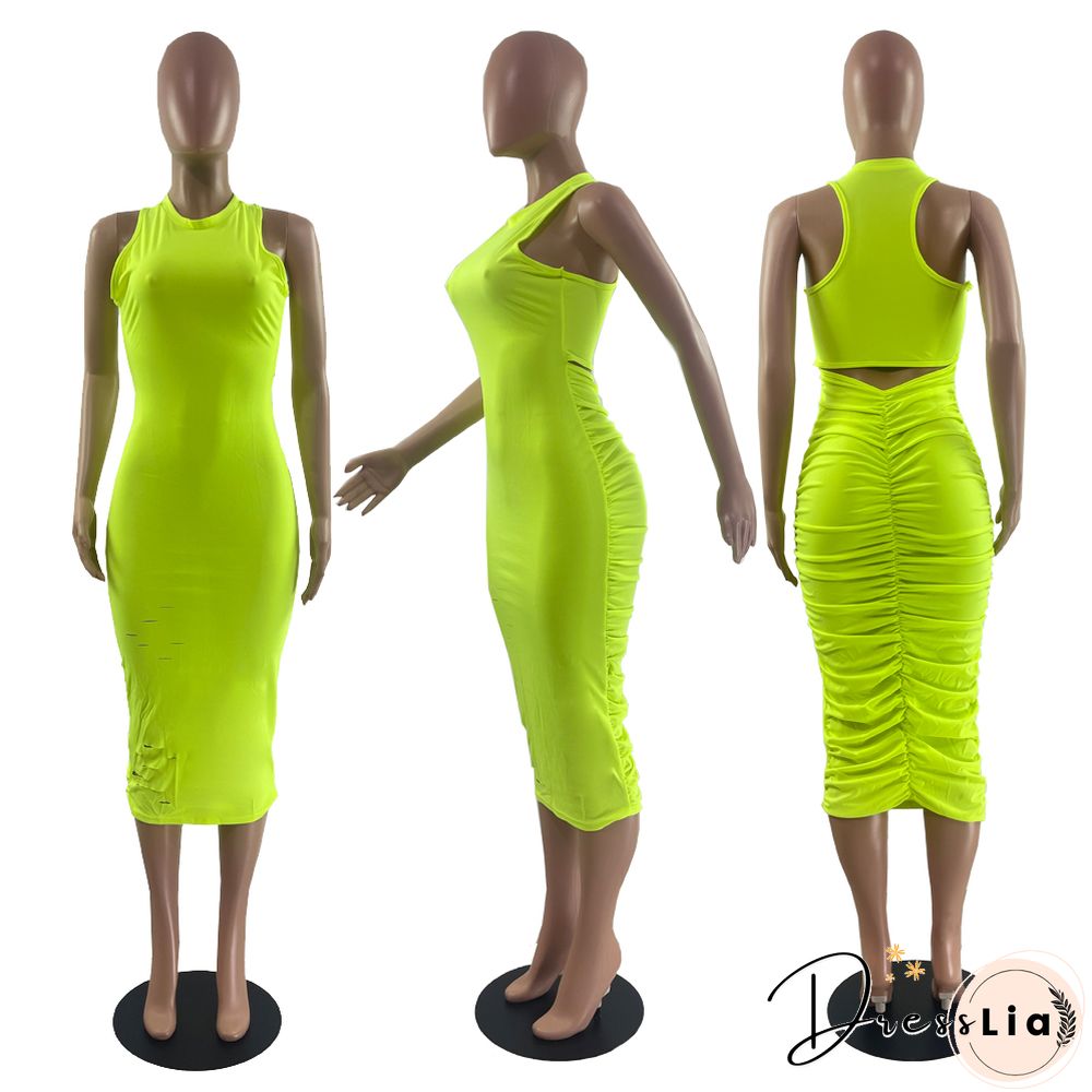 Solid Color Sleeveless Holes Draw Pleated Dresses