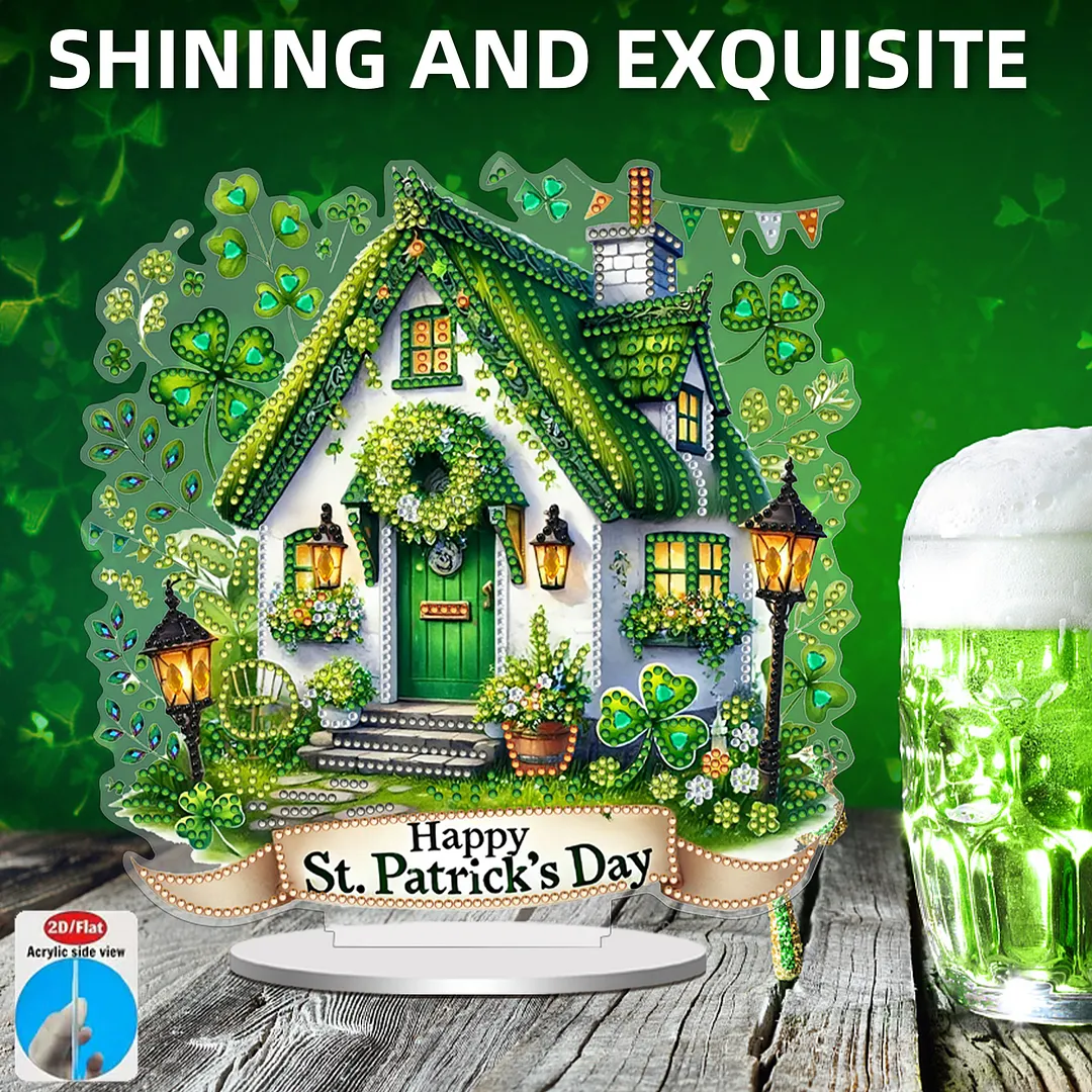 2D Flat DIY St Patricks Day Hut Diamond Painting Tabletop Ornaments Kit Special Shape Crystal Art Craft Decoration Single Side Drill for Living Room Home Office