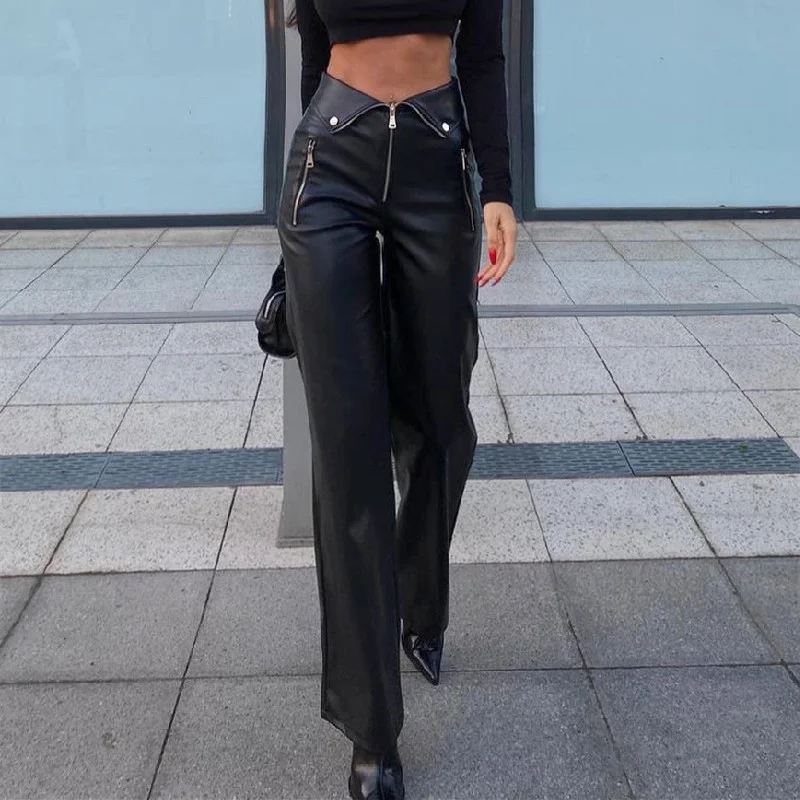 Uveng Uveng 2023 Ins Popular Women's High Waist Straight Loose Wide Leg Casual Pants Leather Pants