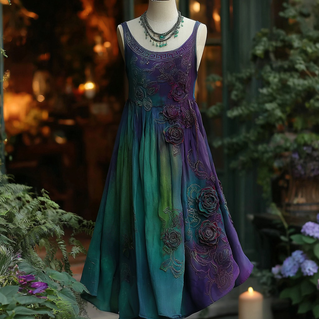 Women's Vintage Purple Floral Gradient Pattern Suspender Dress elevenforest