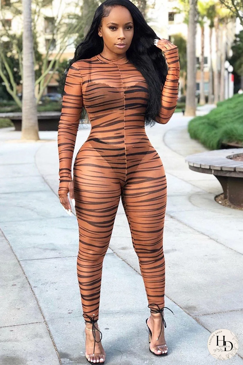 multicolor Sexy Print Network Long Sleeve O Neck Jumpsuits