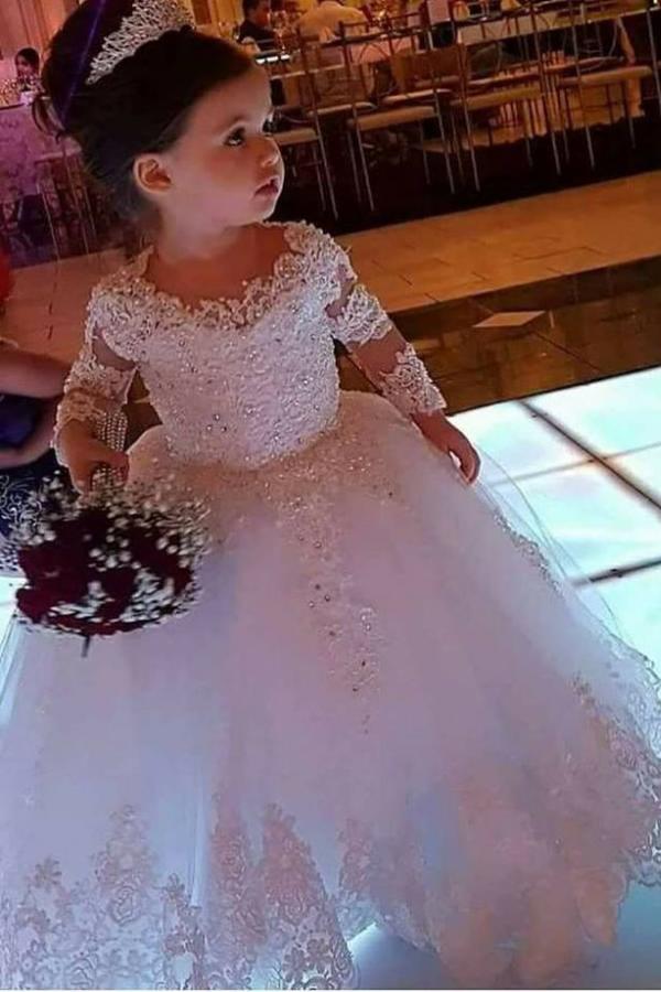 Bellasprom Cute Ball Gown Long Sleeves Flower Girl Dress Tulle  with Lace Appliques Bellasprom