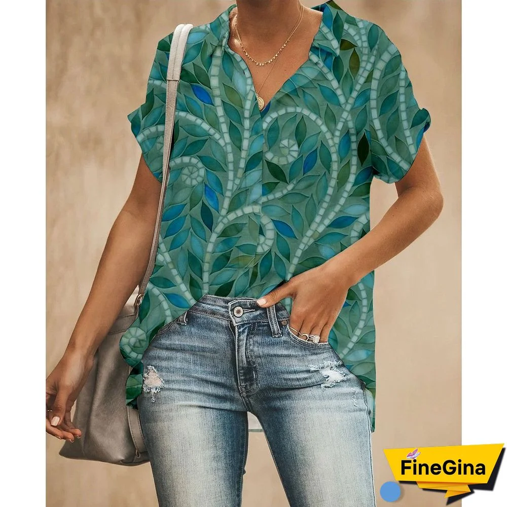 Printed Short Sleeve Lapel Women Shirt