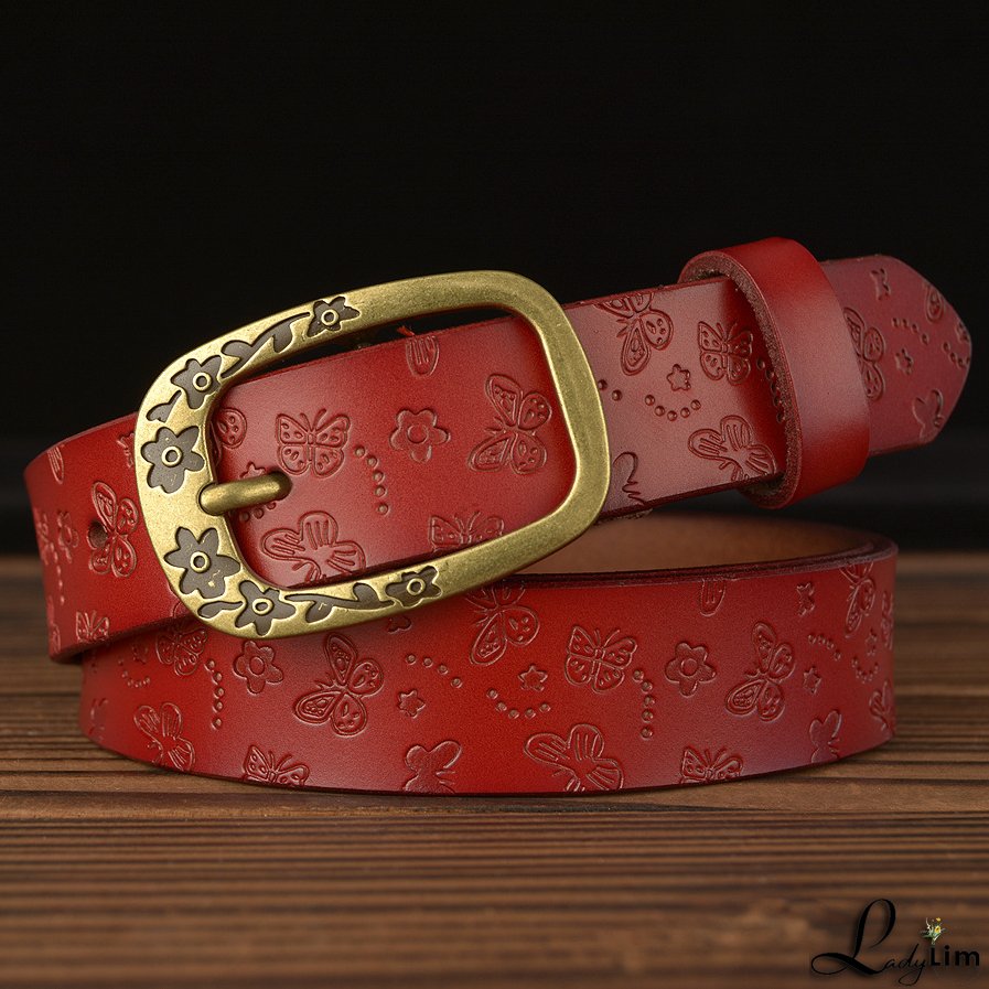 Casual needle buckle leather ladies belt fashion trend embossed real leather belt jeans with women