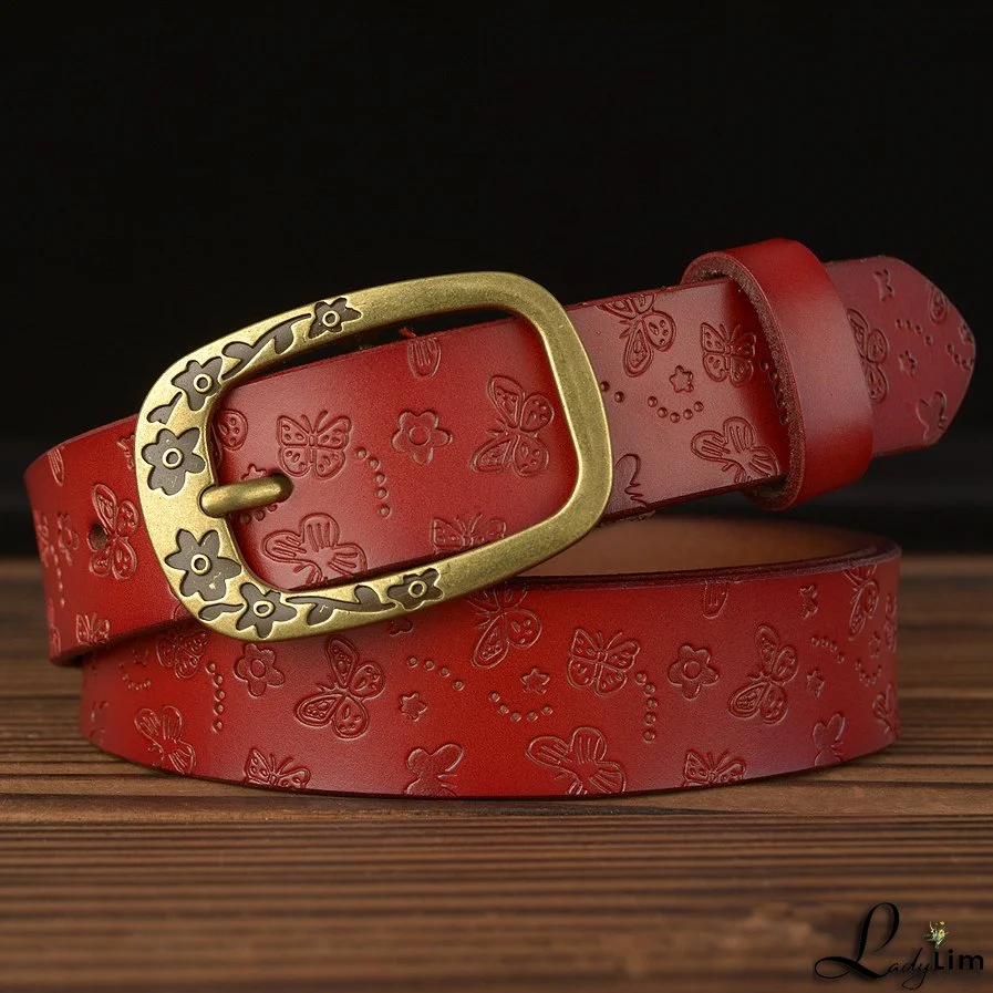 Casual needle buckle leather ladies belt fashion trend embossed real leather belt jeans with women