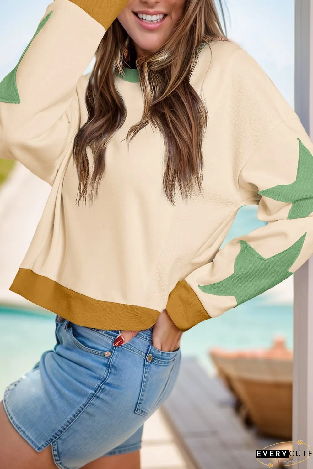 Star Contrast Round Neck Long Sleeve Sweatshirt