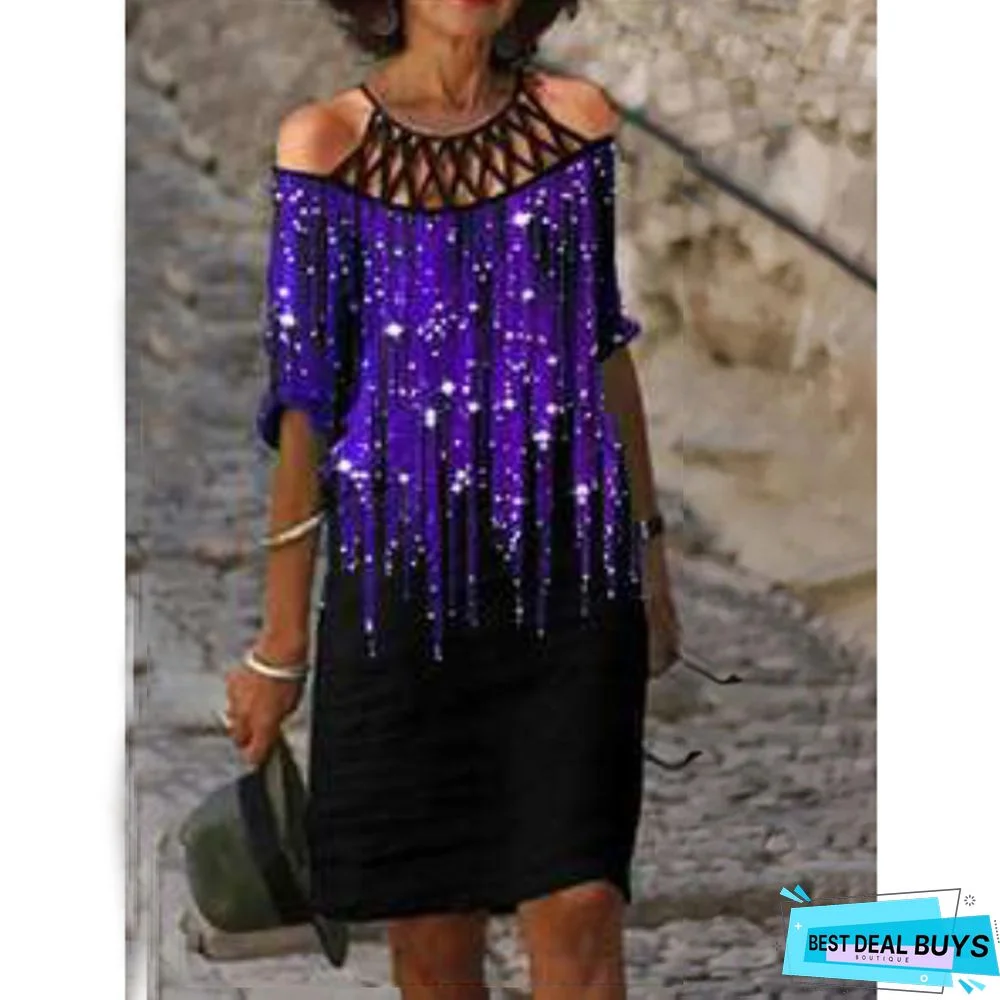 Fashion Patchwork Off Shoulder A-Line Dress Lace V-Neck Dress Women