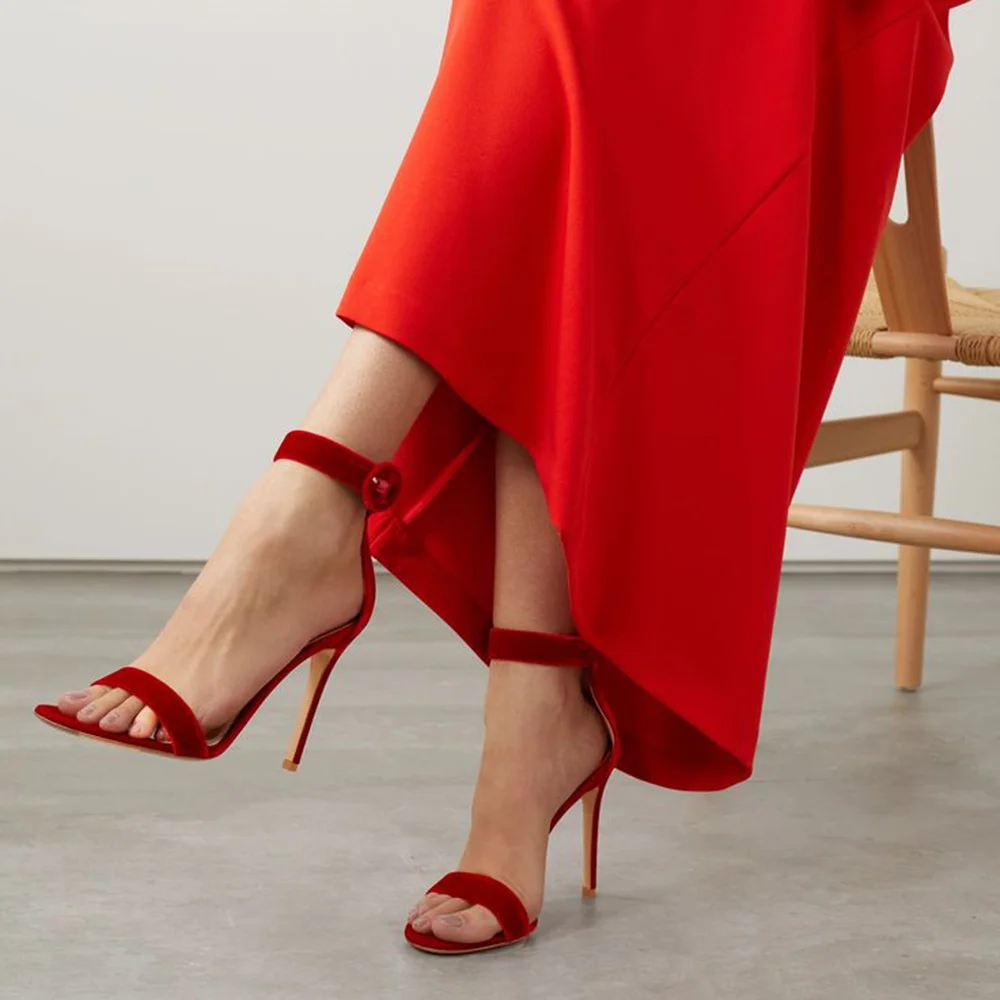Red Velvet Opened Toe Ankle Strappy Sandals With Stiletto Heels Nicepairs