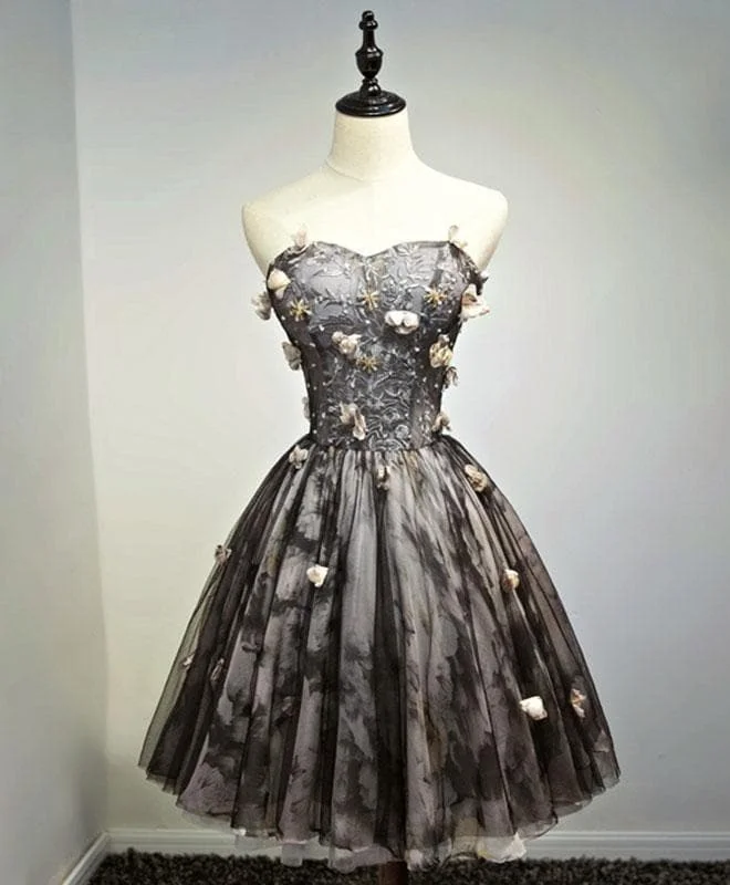 Black Lace Tulle Short Prom Dress, Black Homecoming Dress SP16386