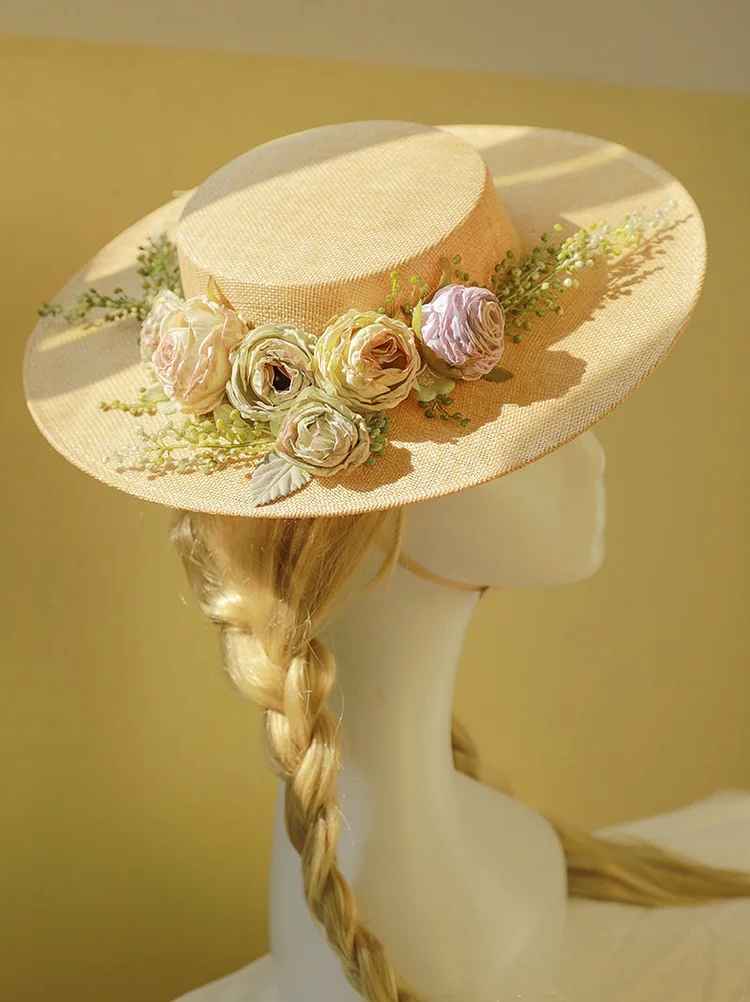 Vintage handmade French hat elegant hollow flower forest style flat top hat