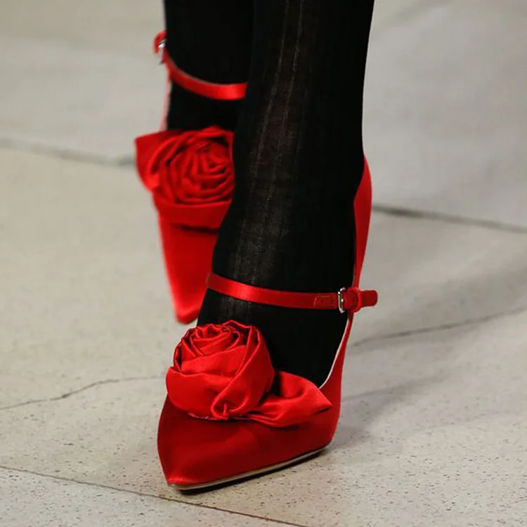 Red Satin Stiletto Heels Elegant Pointed Toe Flower Mary Jane Pumps |FSJ Shoes