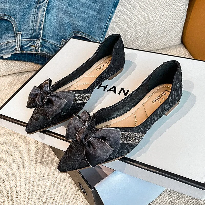 elegant laides lace bow flats pointed toe crystal glitter decoration ballerinas shoes woman silk pleated loafers big size 43