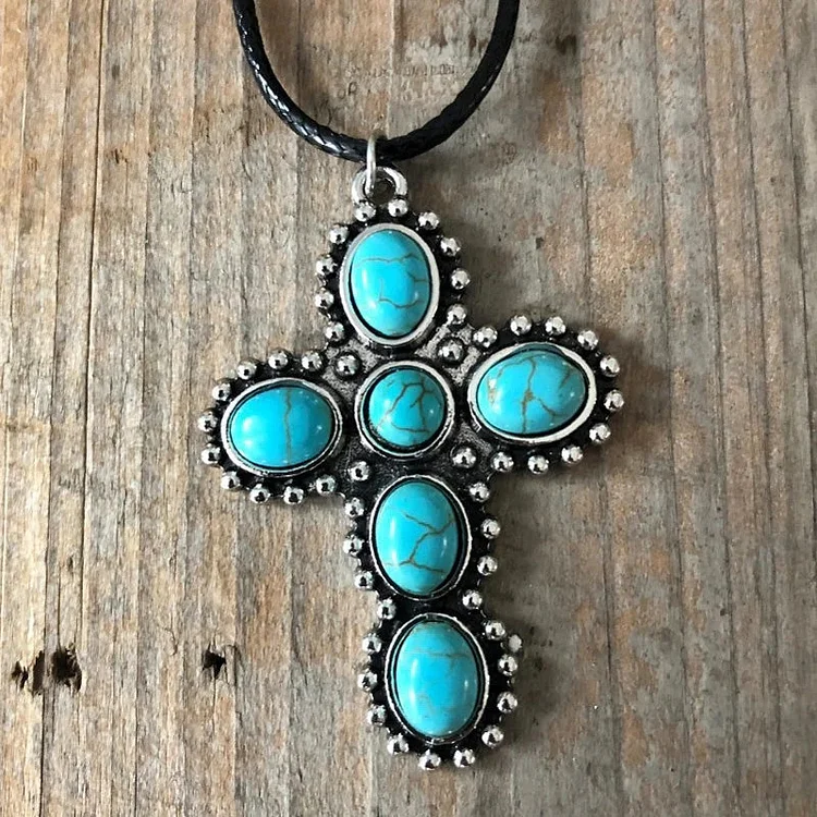 Vintage exaggerated turquoise cross necklace