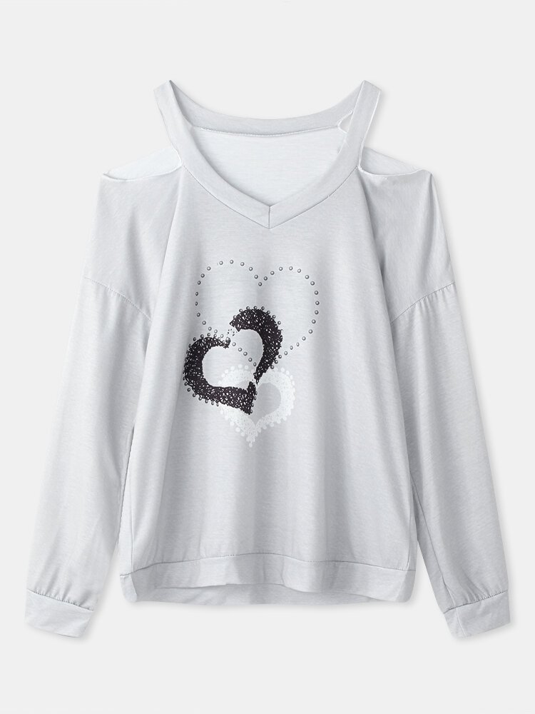 Print V neck Long Sleeve Casual T Shirt For Women P1815053