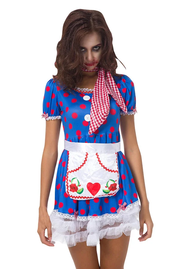 Women's Halloween Polka Dot Evil Clown Dress Costume Blue-elleschic