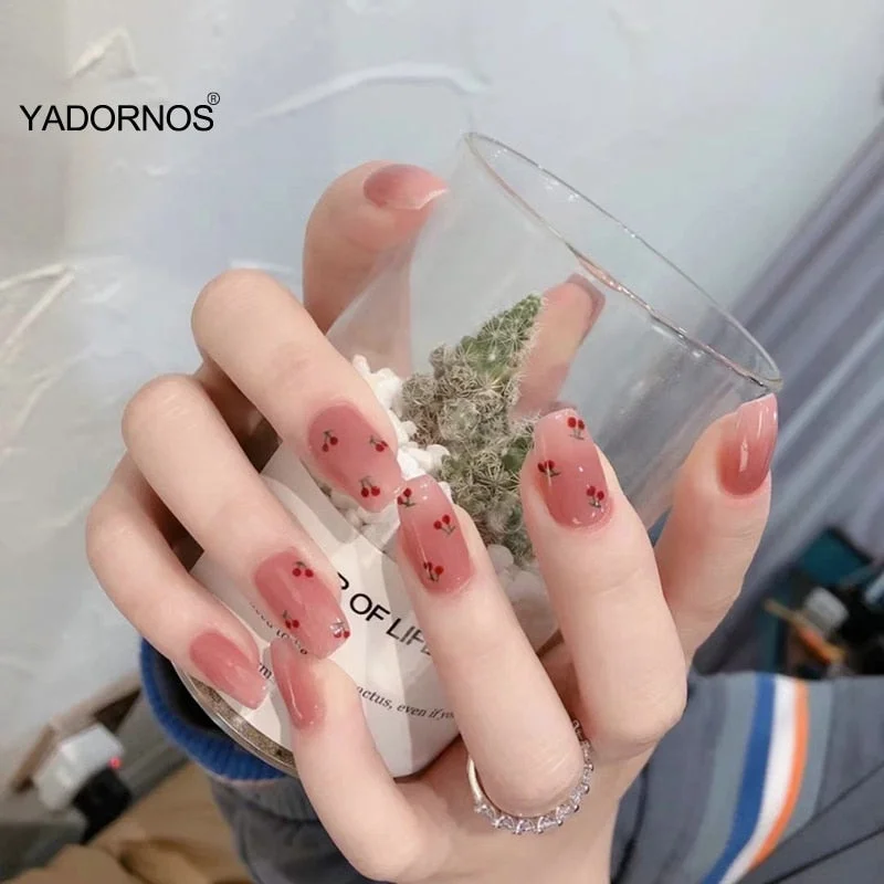 Press on nails with designs Crystal Cherry Short Nail Stickers Finished Nail Stickers 24 Nail Stickers With Glue TY