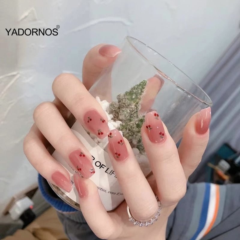 Press on nails with designs Crystal Cherry Short Nail Stickers Finished Nail Stickers 24 Nail Stickers With Glue TY