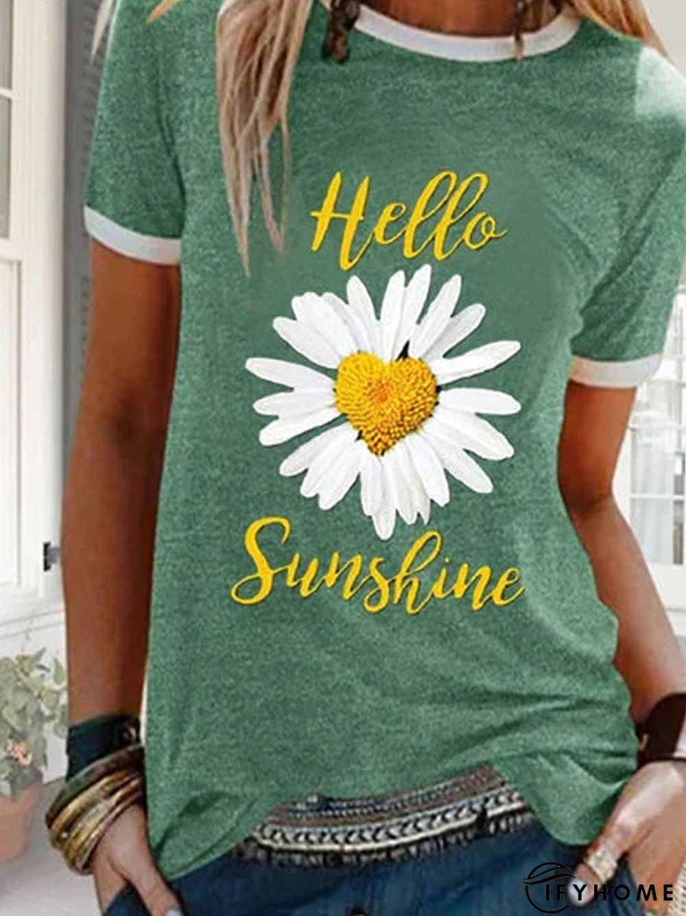 Green Cotton Round Neck Printed Casual T-shirt | IFYHOME