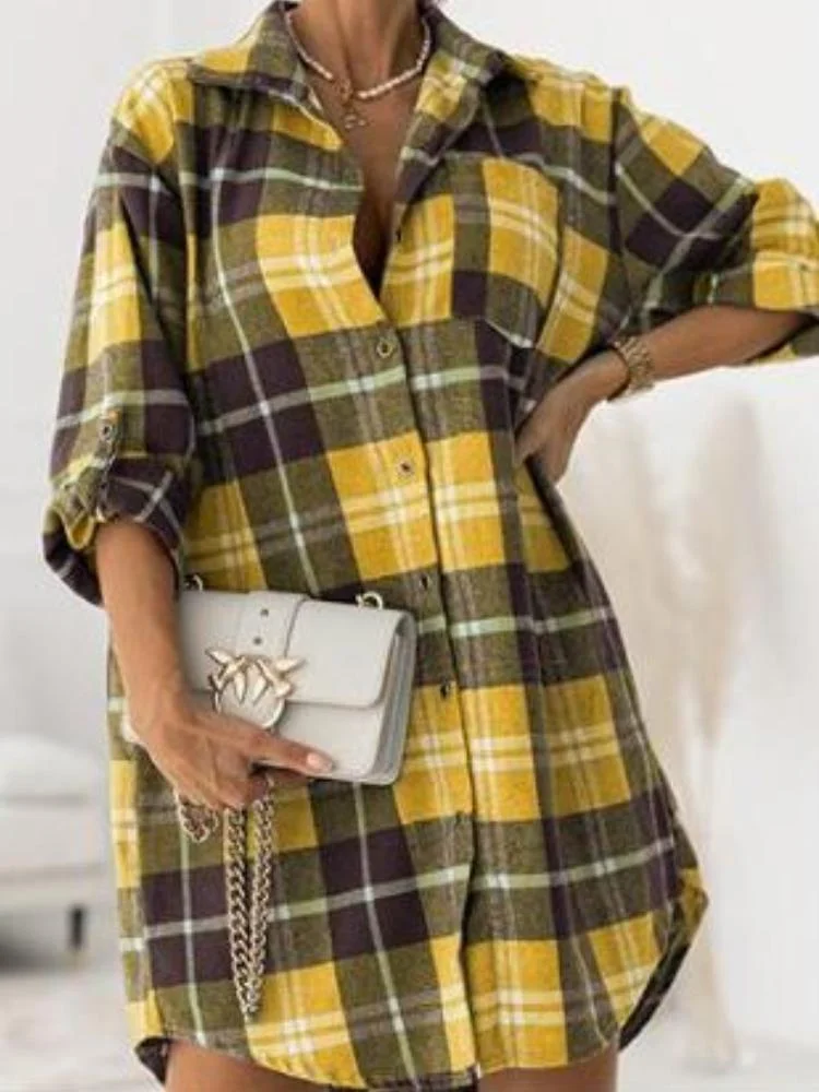 Women's Long-Sleeved Cardigan Lapel Single-Breasted Plaid Shirt