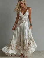Women's Vintage White Flowers Embroidery Art V-neck Suspender Maxi Dress
