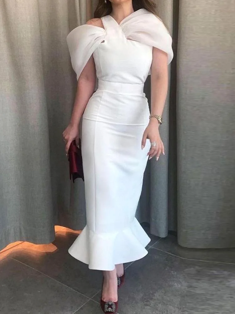 Fashion Single Shoulder Pleated Mesh Decorated Skinny White Mermaid Dress
