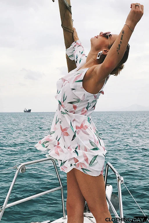 Floral Print Falbala V Neck Short Dress