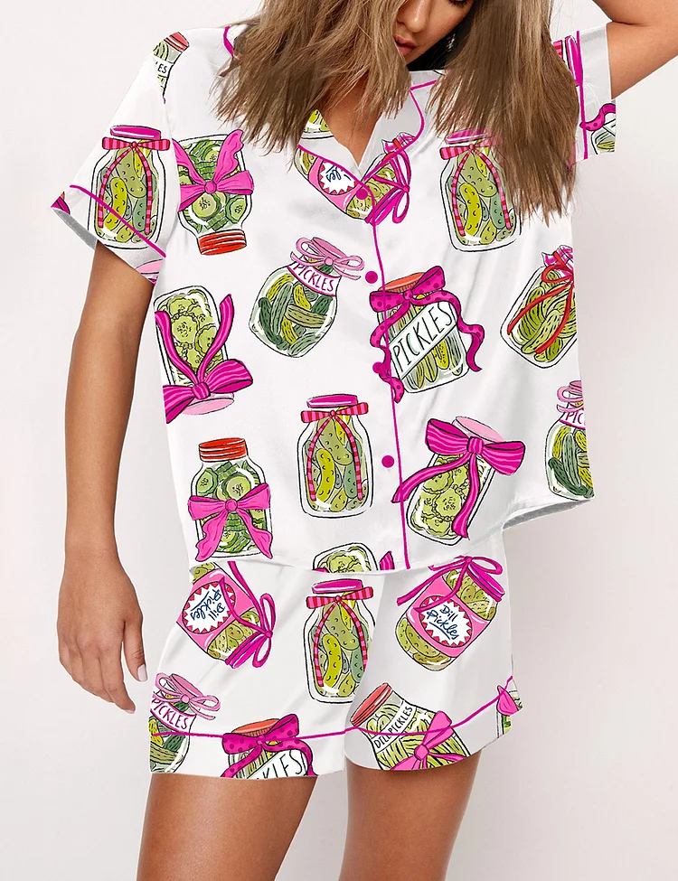 Women’s Pickle Lover Pink Bows Short Sleeve Satin Pajama Set