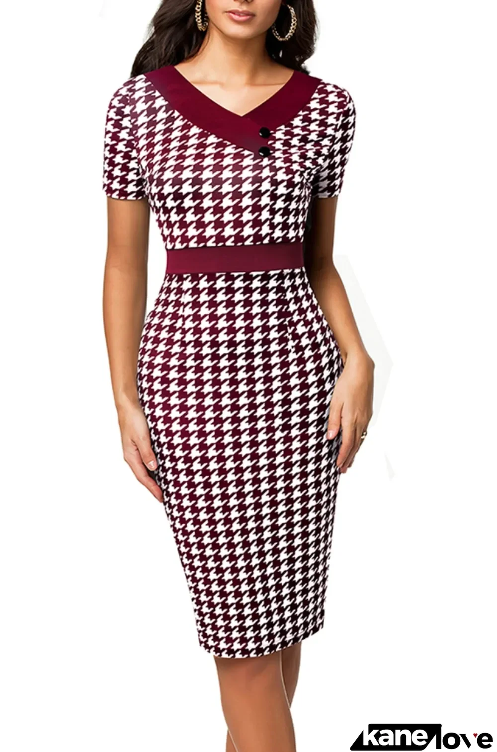 Summer Office Print Red V-Neck Pencil Dress