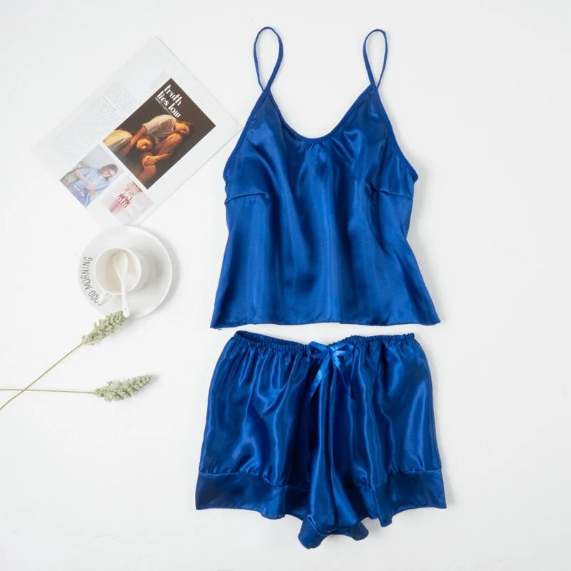 Women's Sleepwear Sexy Satin Pajama Set V-Neck Pyjamas Sleeveless Cami Top and Lotus Leaf Edge Comfortable Shorts Two Piece Sets