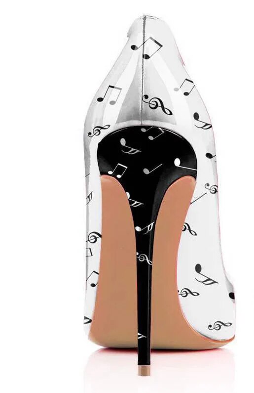 VCSHOES Women Music Notes Printed Leather Pumps Stiletto Thin Heels High Heels Woman Shoes Celebrity High-heeled Zapatos Mujer