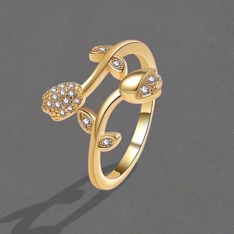 IG Style Sweet Flower Copper Inlay 14K Gold Plated Zircon Open Rings