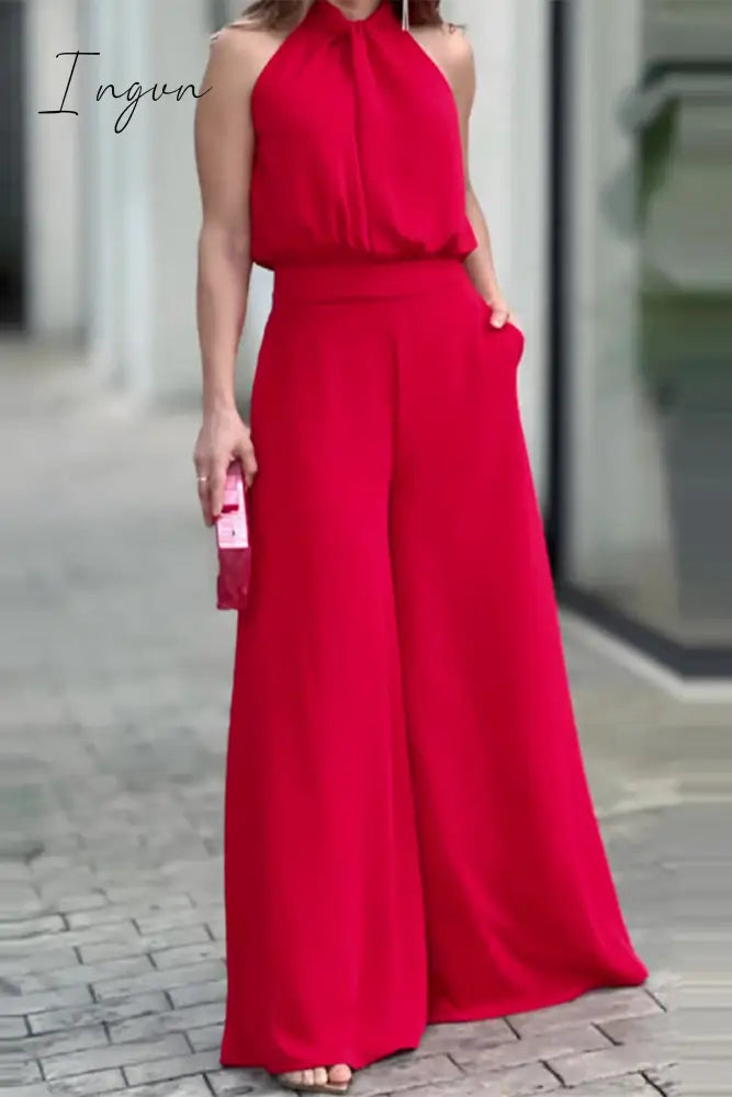 Ingvn - Elegant Solid Pocket Halter Sleeveless Two Pieces Red / S Pieces/Two-Piece Pants Set