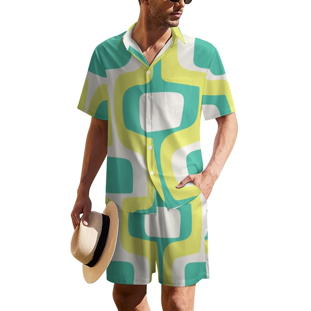 Bright Mint Chartreuse Mid Century Modern Men's Hawaiian Matching Set Guys Beach 2 Piece Hippie Outfits Shirts and Shorts