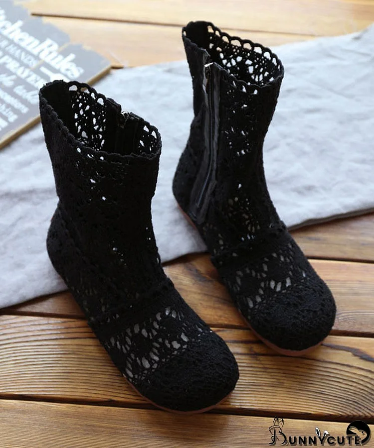 Black Breathable Mesh Simple Zippered Splicing Hollow Out Boots