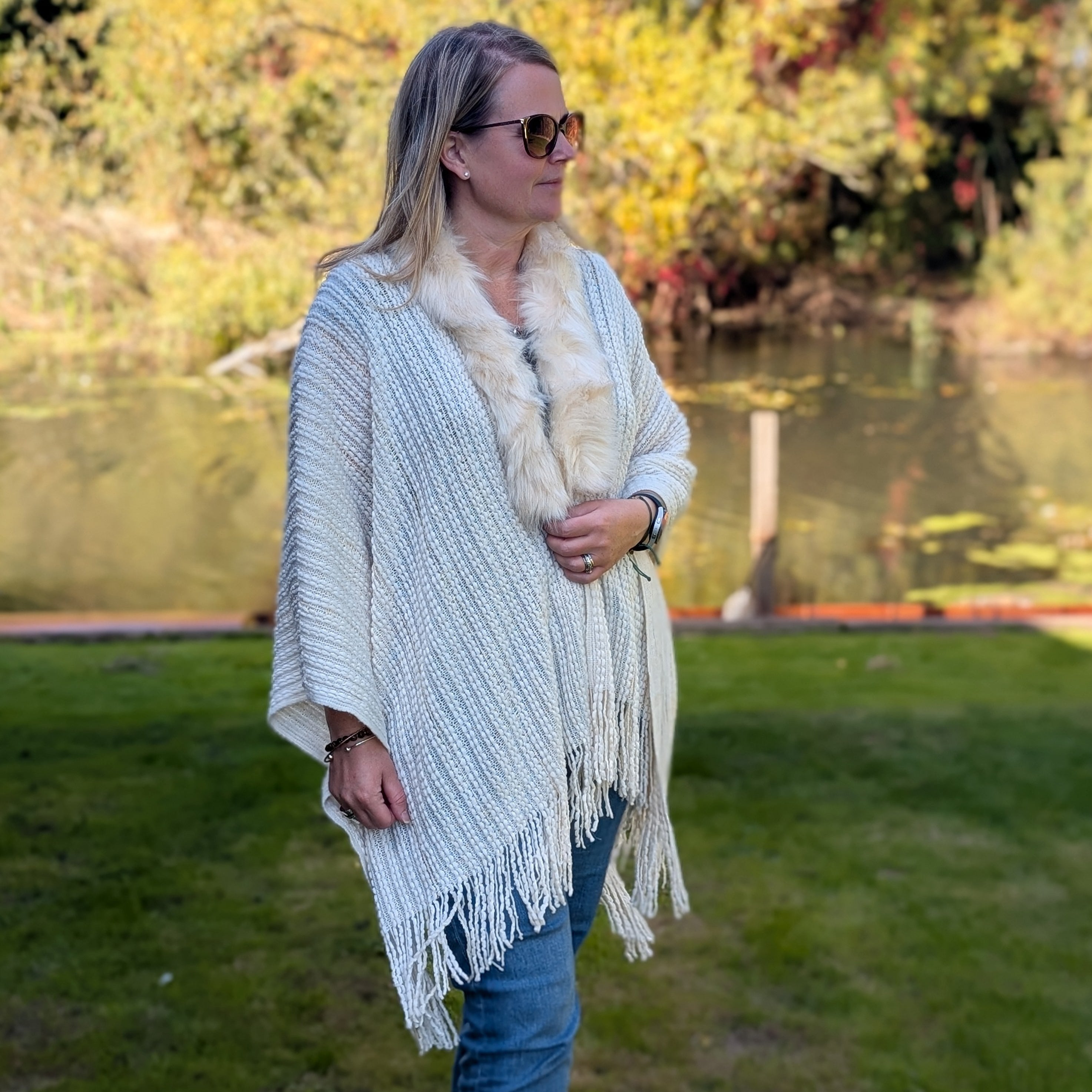 Batar - Faux Fur Collared Cardigan - Cream