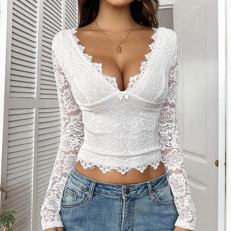 Casual Deep V Neck Hollow Lace Long Sleeve Blouse