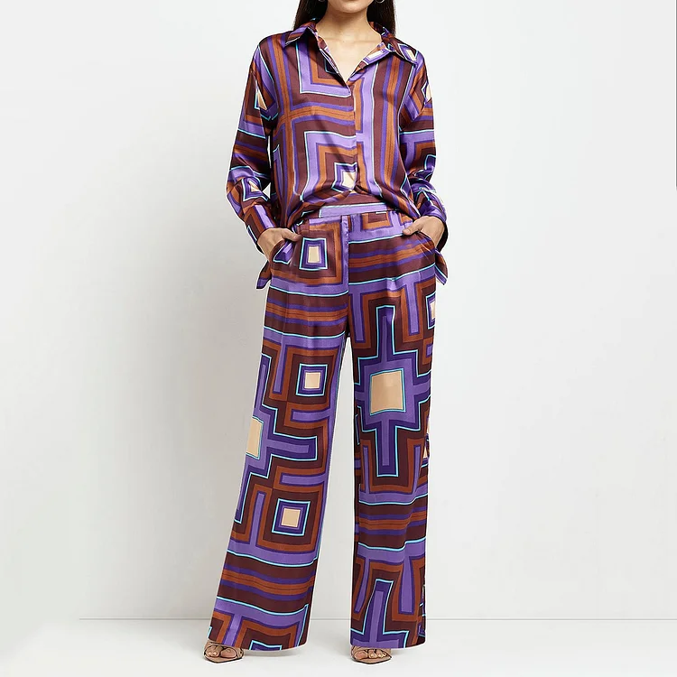 Color Contrasting Geometric Print Long Sleeve Shirt Two-Piece Set