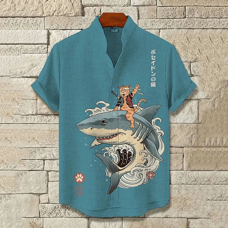Men'S Japanese Cat & Shark Art Print Casual Linen Blend Shirt